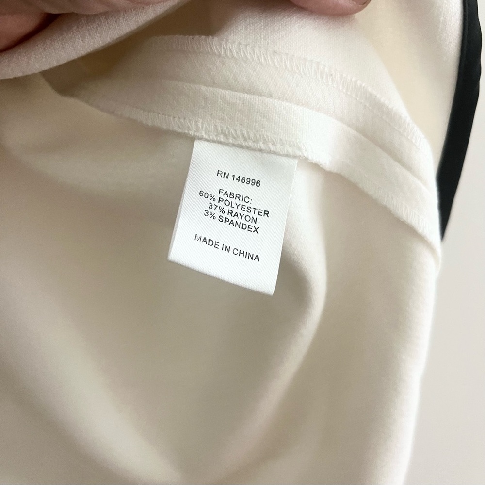Abbey Glass Hi Lo Hem Blouse Women’s Large White or Cream w Black Trim Short Slv - Picture 5 of 8